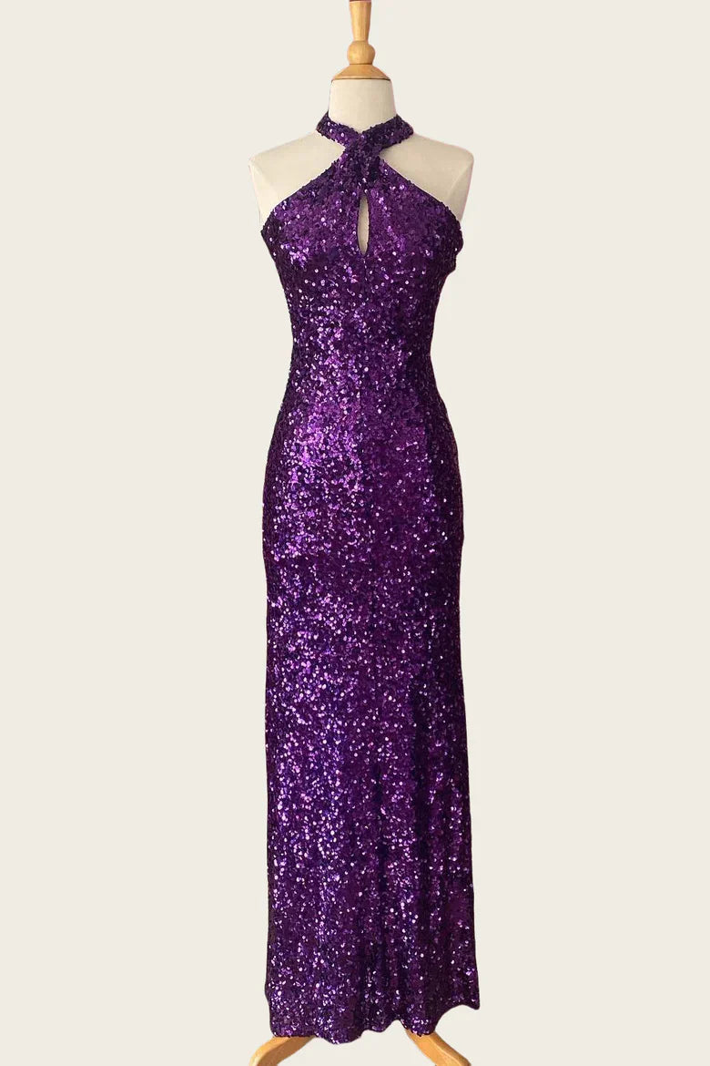 Halter Neck Purple Sequin Mermaid Prom Dress with Keyhole Cutout
