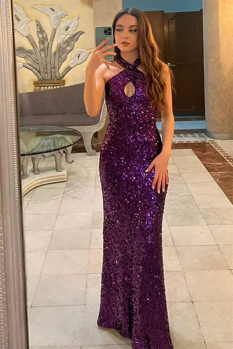 Halter Neck Purple Sequin Mermaid Prom Dress with Keyhole Cutout