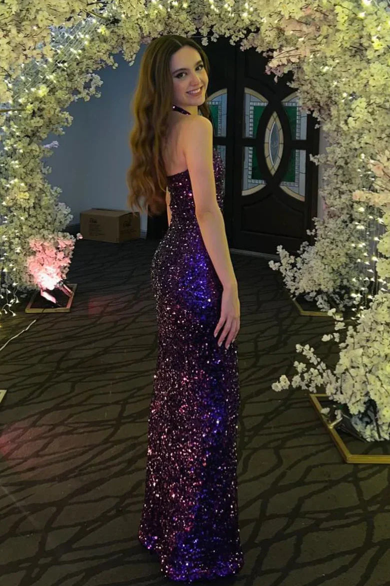 Halter Neck Purple Sequin Mermaid Prom Dress with Keyhole Cutout