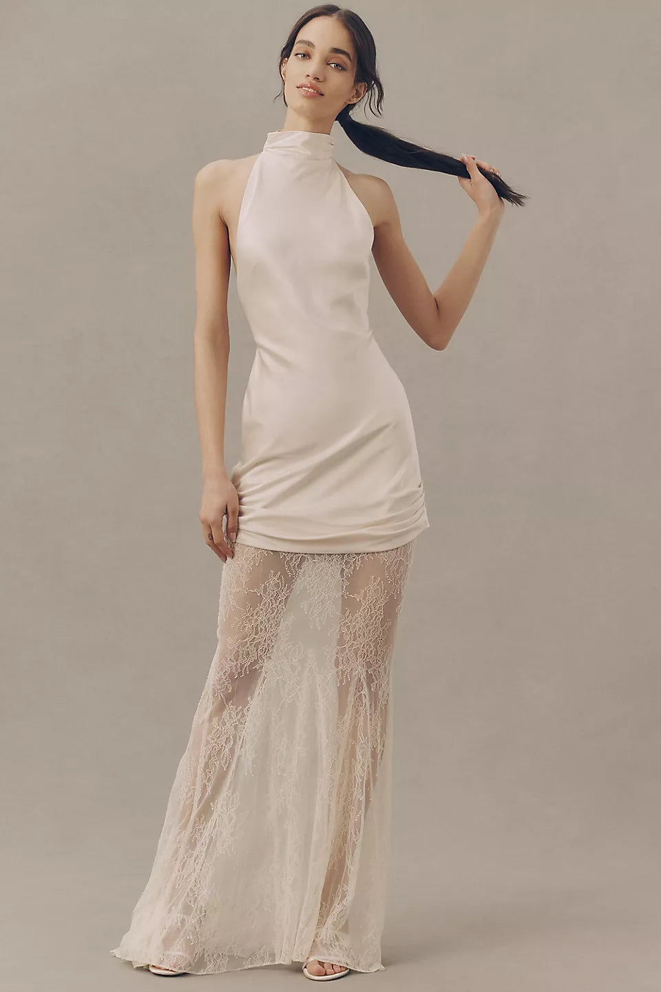 Halter Neck Satin Lace Overlay Maxi Evening Dresses