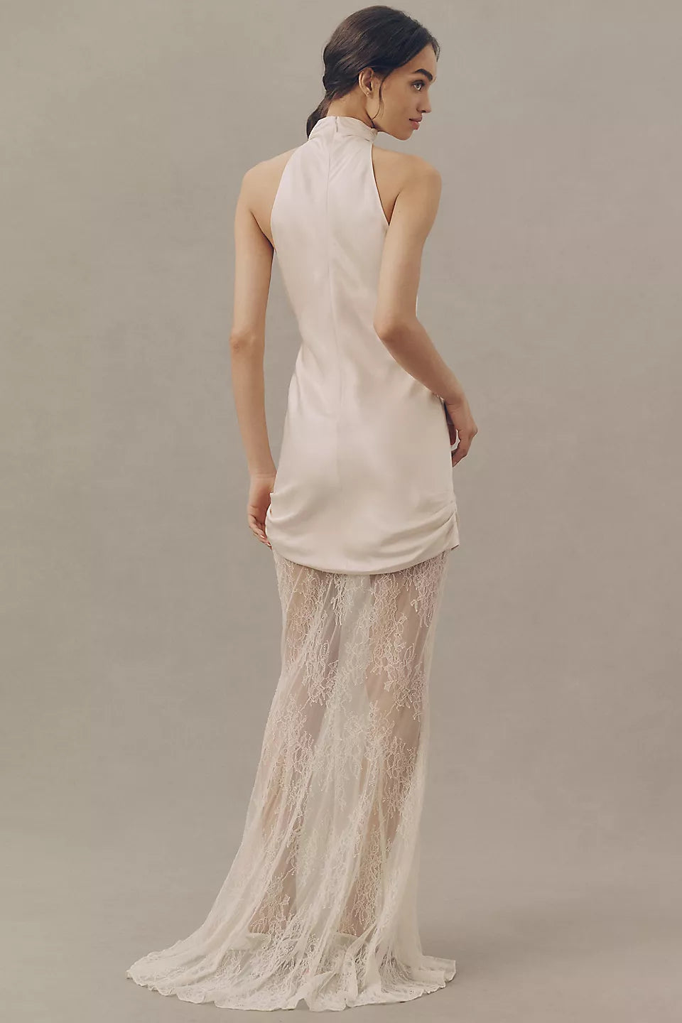 Halter Neck Satin Lace Overlay Maxi Evening Dresses