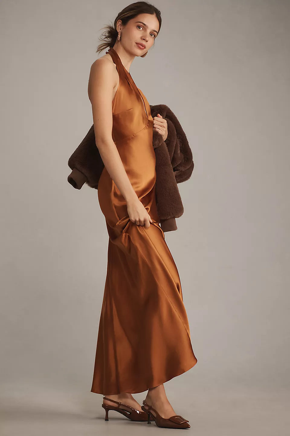 Halter Neck Satin Maxi Evening Dress with Open Back