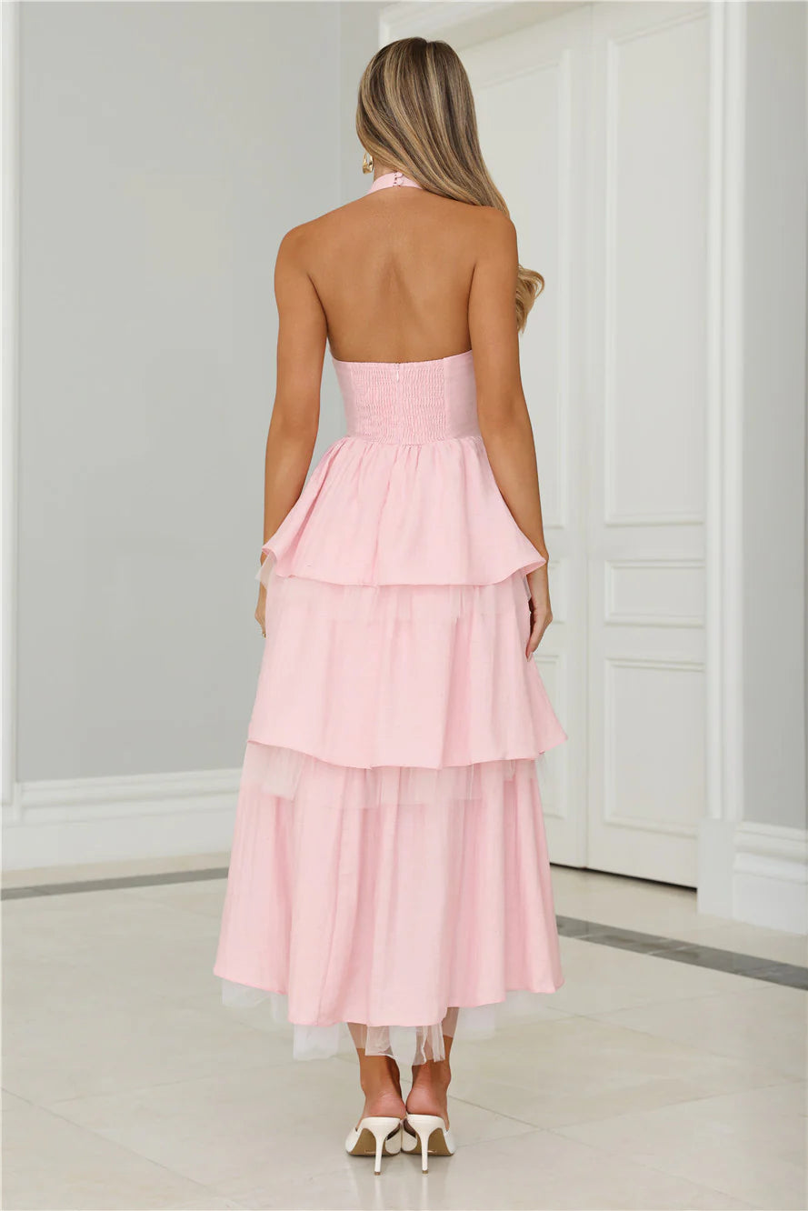 Halter Neck Tiered Tulle Midi Evening Dresses