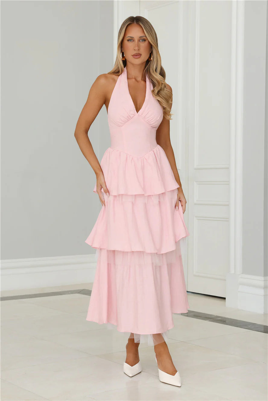 Halter Neck Tiered Tulle Midi Evening Dresses