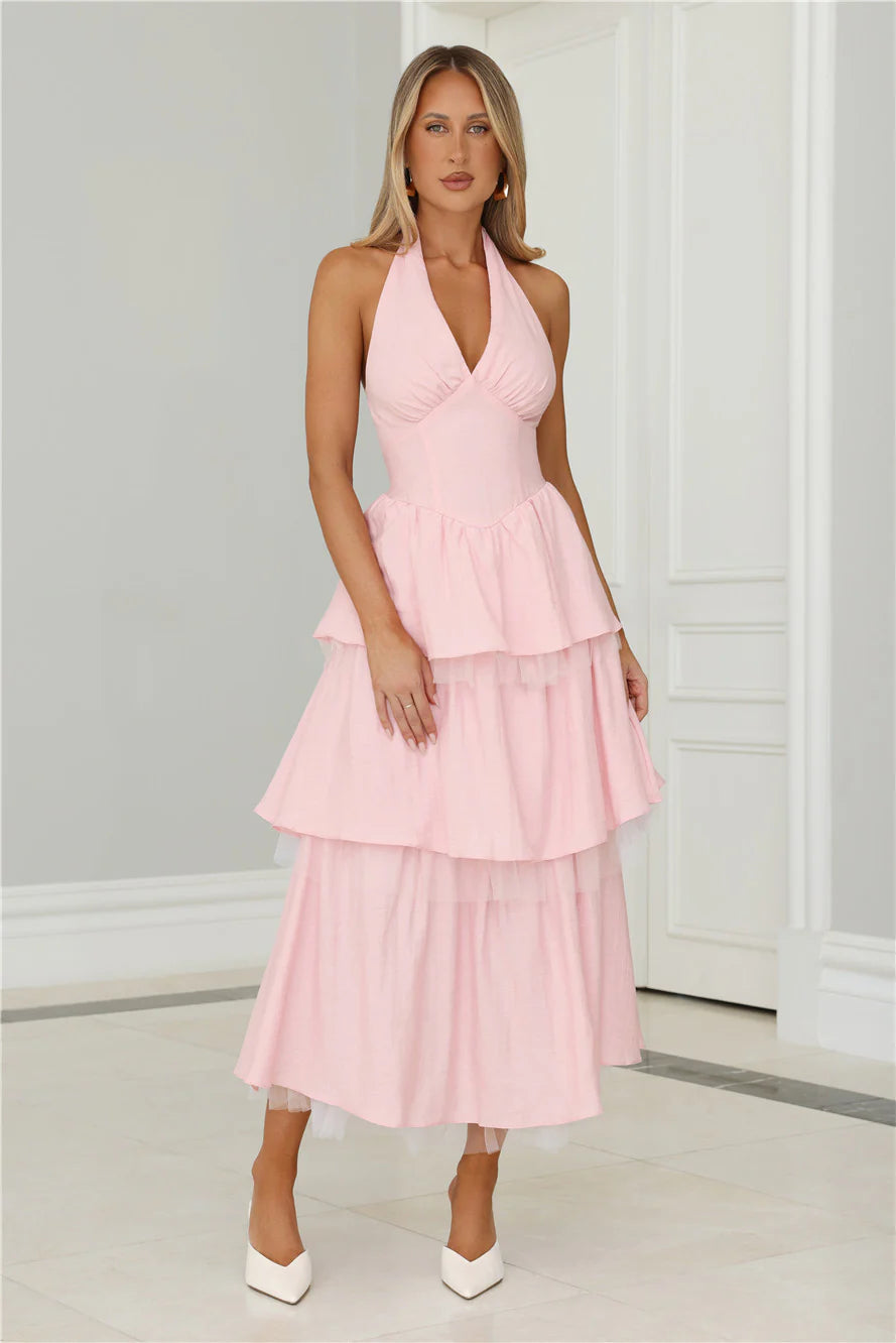 Halter Neck Tiered Tulle Midi Evening Dresses