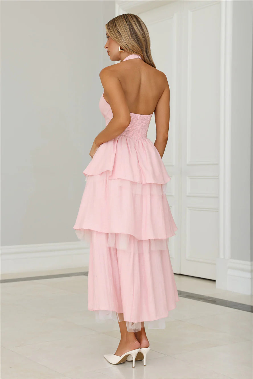 Halter Neck Tiered Tulle Midi Evening Dresses