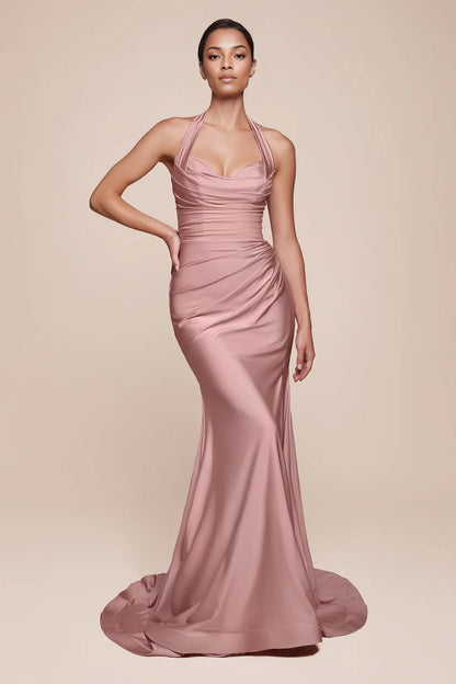 Hanging neck backless mermaid side slit dress