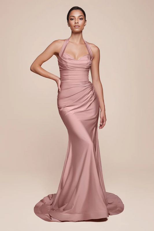 Hanging neck backless mermaid side slit dress