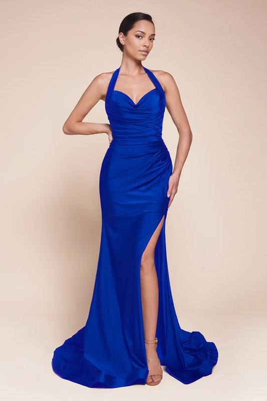 Hanging neck backless mermaid side slit dress