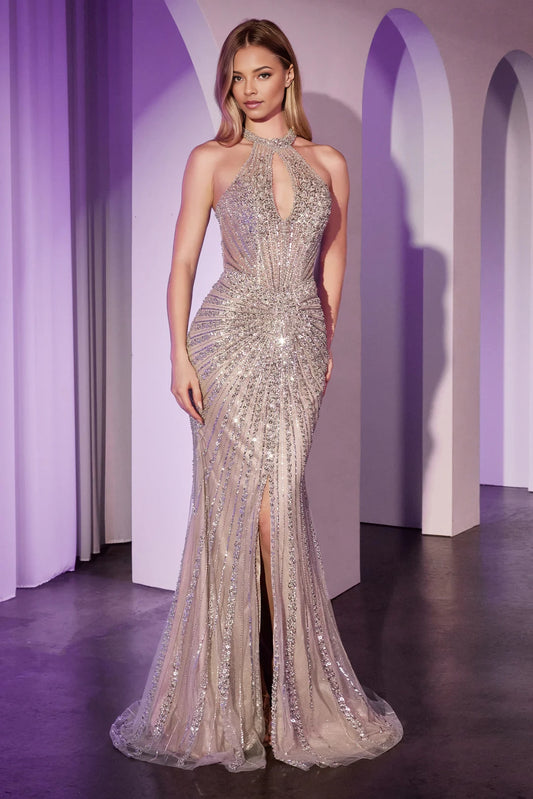 Hanging neck and chest hollow mermaid side slit dress