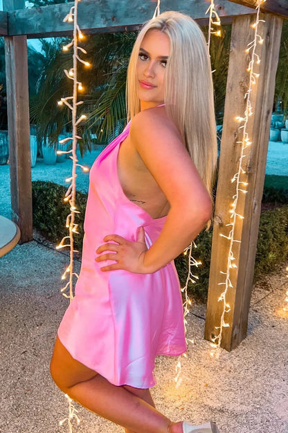 Hanging neck backless mini back to school dress