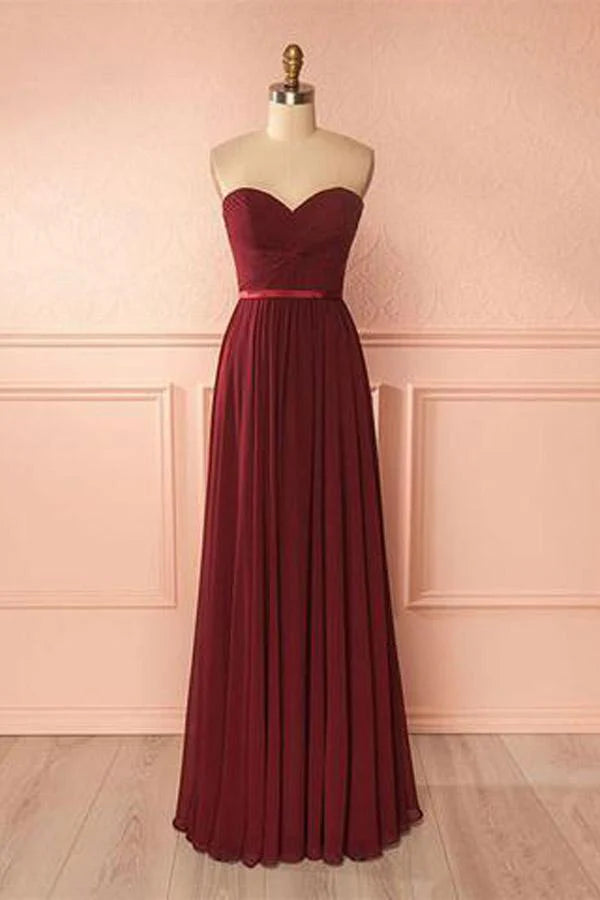 Heart shaped chiffon Burgundy long ball dress bridesmaid dress