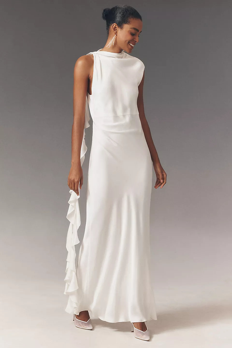 High Neck Satin Maxi Evening Dress with Ruffle Sash & Open Back
