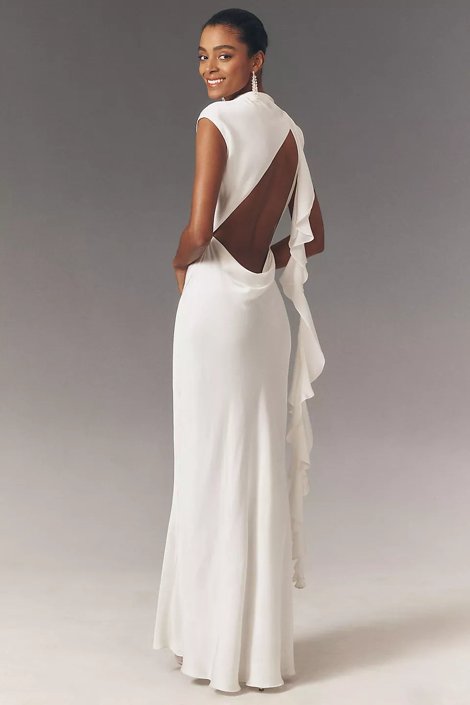 High Neck Satin Maxi Evening Dress with Ruffle Sash & Open Back