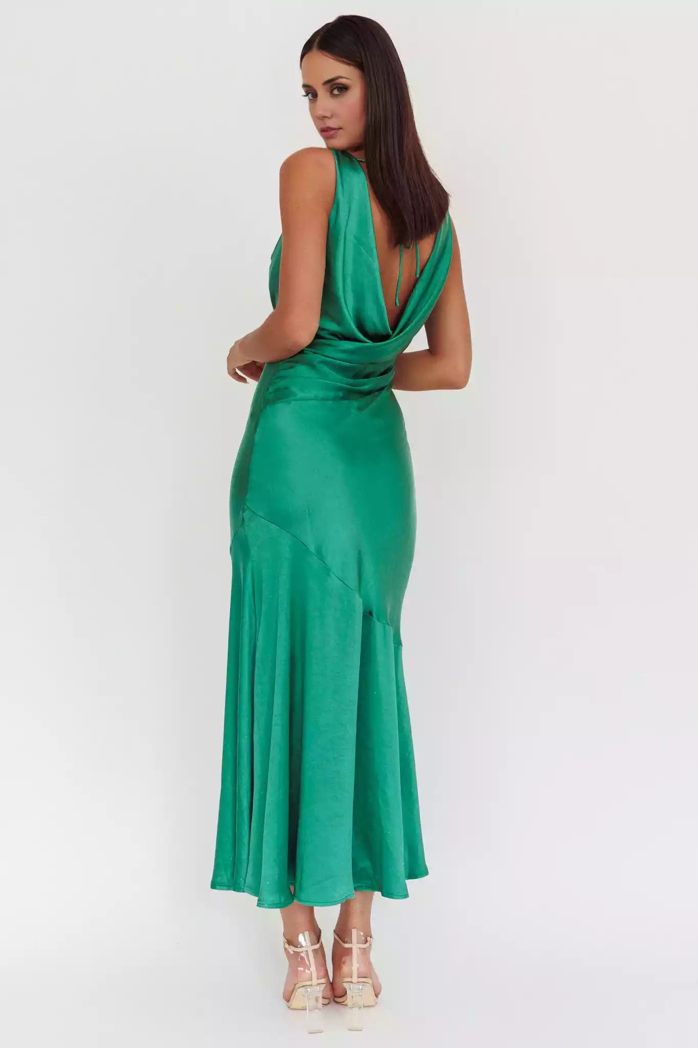 Highly praised unlined scarf collar, back strap, hanging diagonal cut fabric, side zipper Bridesmaid Dresses