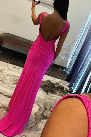 Hot Pink Beaded Sleeveless Maxi Prom Dress with Deep V-Neck & Open Back