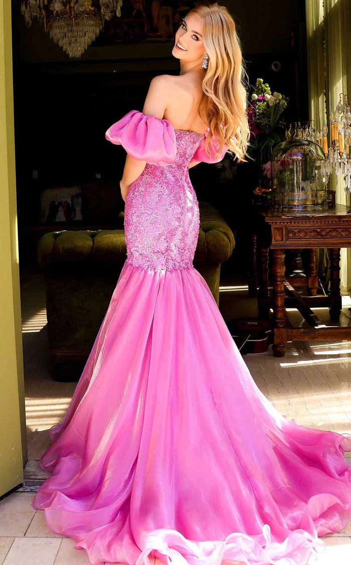 Hot Pink Beaded Strapless Puff Sleeve Mermaid Evening Dresses