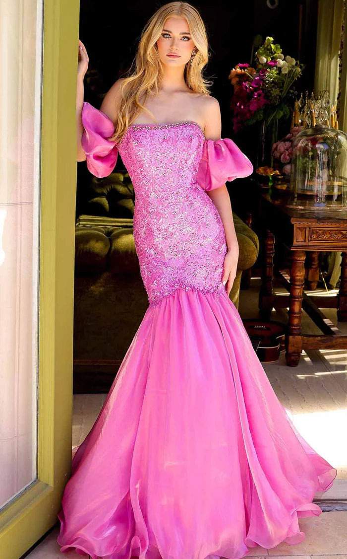 Hot Pink Beaded Strapless Puff Sleeve Mermaid Evening Dresses