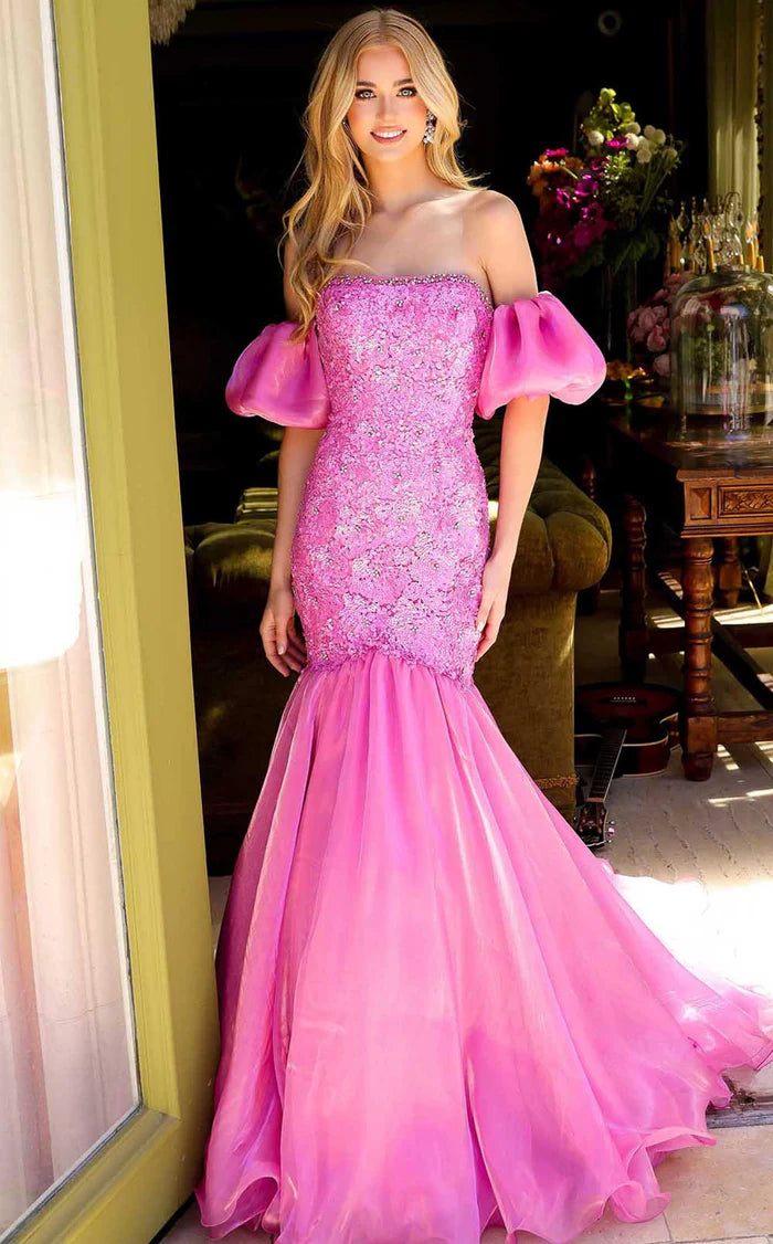 Hot Pink Beaded Strapless Puff Sleeve Mermaid Evening Dresses