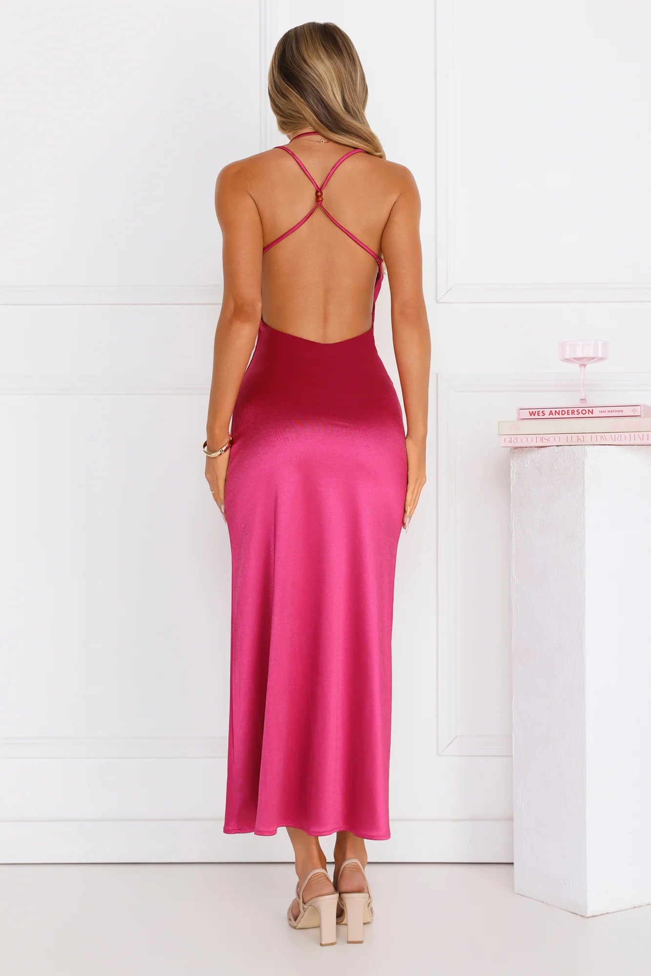 Hot Pink Cowl Neck Halter Backless Satin Maxi Evening Dresses