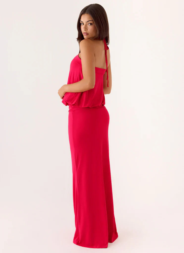 Hot Pink Halter Keyhole Blouson Waist Maxi Prom Dress For Glam Events