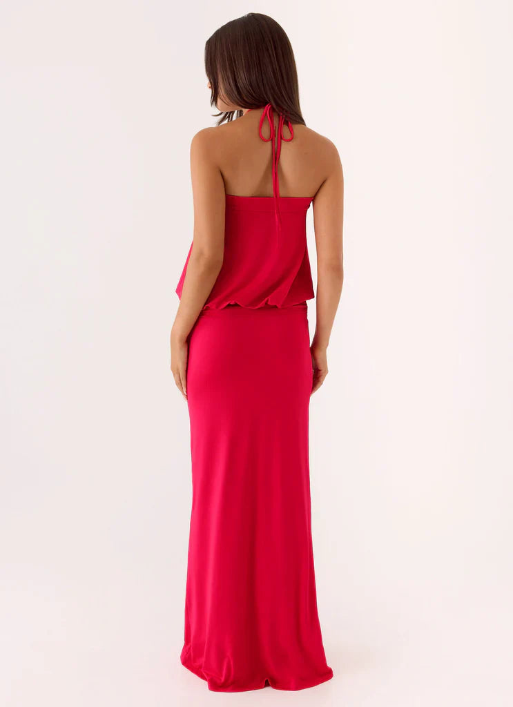 Hot Pink Halter Keyhole Blouson Waist Maxi Prom Dress For Glam Events
