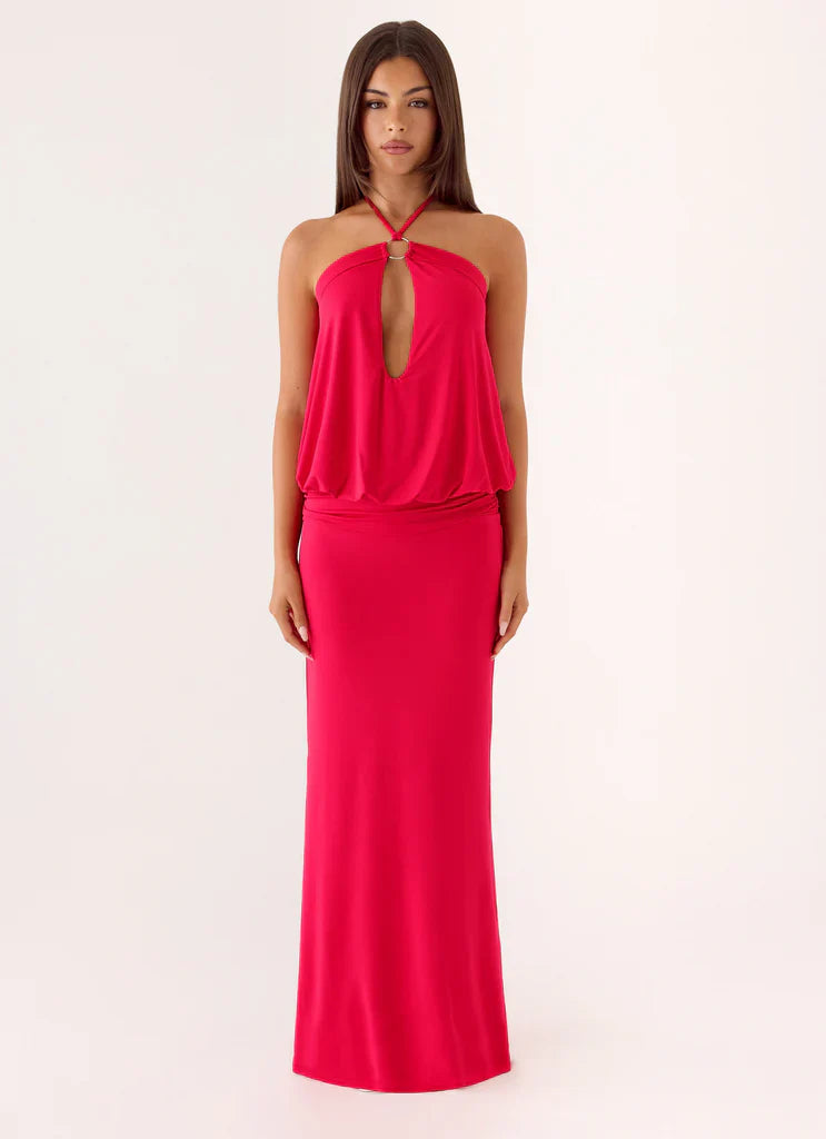 Hot Pink Halter Keyhole Blouson Waist Maxi Prom Dress For Glam Events