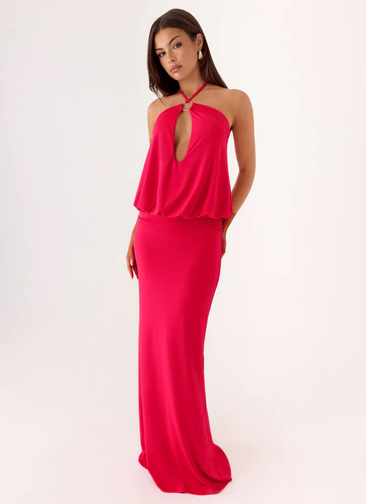 Hot Pink Halter Keyhole Blouson Waist Maxi Prom Dress For Glam Events