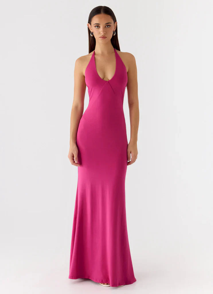 Hot Pink Halter Neck Backless Ruched Maxi Prom Dress For Stunning Formal Occasions