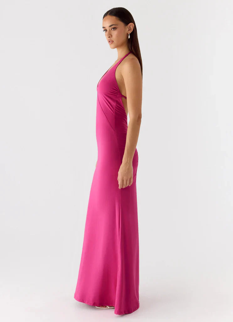Hot Pink Halter Neck Backless Ruched Maxi Prom Dress For Stunning Formal Occasions