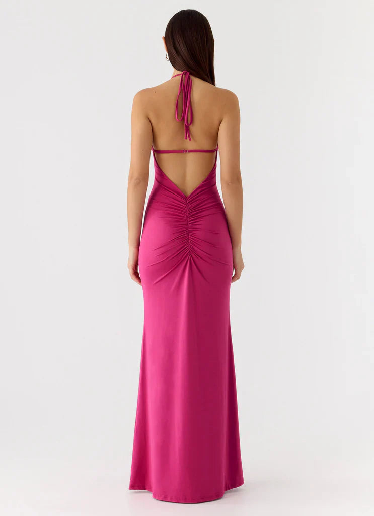 Hot Pink Halter Neck Backless Ruched Maxi Prom Dress For Stunning Formal Occasions