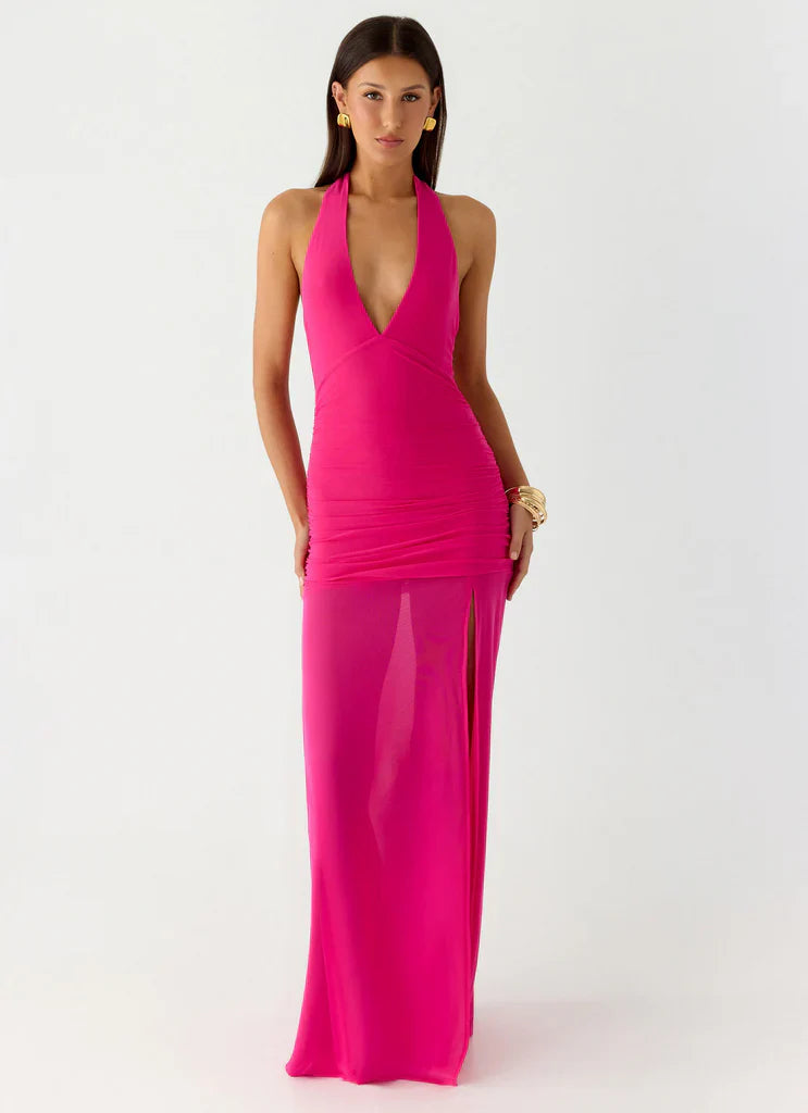 Hot Pink Halter Neck Ruched Mesh Slit Maxi Prom Dress For Glam Formal Evening Events