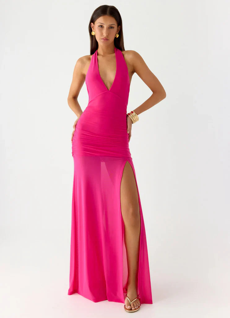 Hot Pink Halter Neck Ruched Mesh Slit Maxi Prom Dress For Glam Formal Evening Events