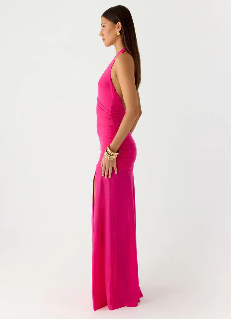 Hot Pink Halter Neck Ruched Mesh Slit Maxi Prom Dress For Glam Formal Evening Events