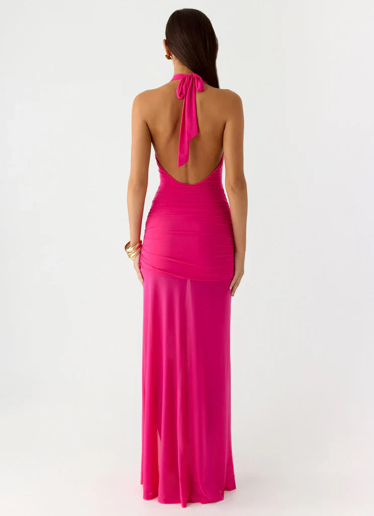 Hot Pink Halter Neck Ruched Mesh Slit Maxi Prom Dress For Glam Formal Evening Events