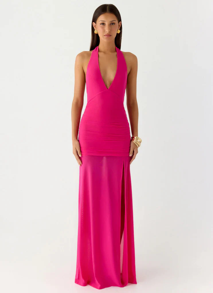 Hot Pink Halter Neck Ruched Mesh Slit Maxi Prom Dress For Glam Formal Evening Events