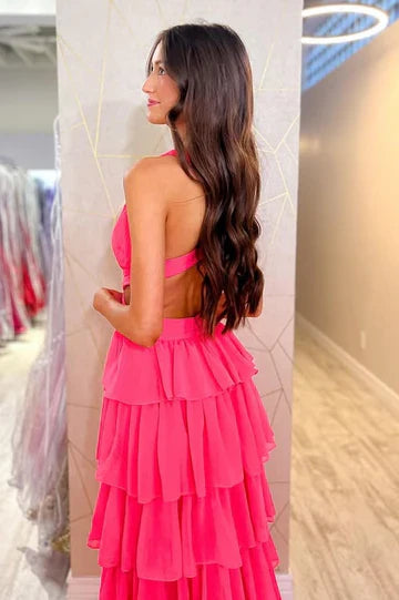 Hot Pink Halter Tiered Ruffle Maxi Prom Dress with Cutouts and High Slit