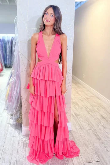 Hot Pink Halter Tiered Ruffle Maxi Prom Dress with Cutouts and High Slit