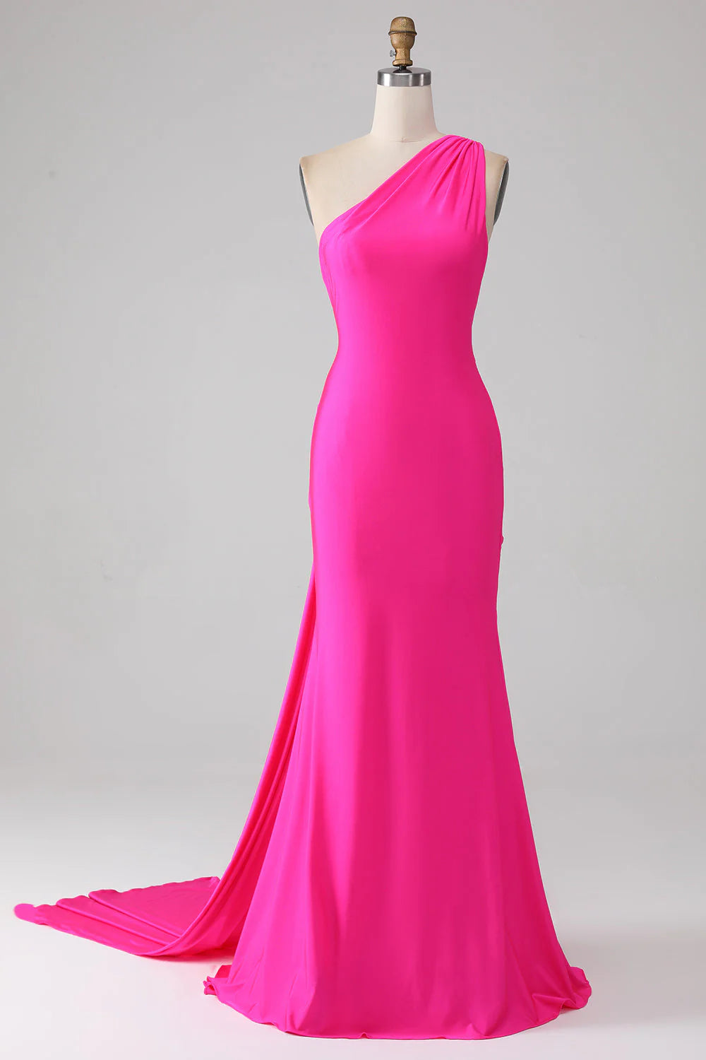 Hot Pink Mermaid One Shoulder Long Prom Dress With Pleated
