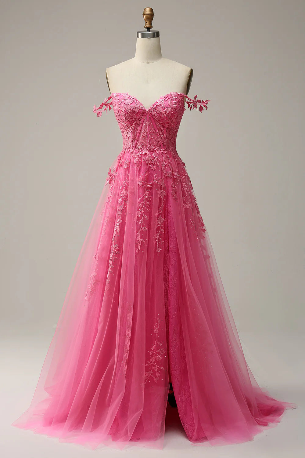 Hot Pink Off-the-Shoulder 3D Floral Lace Applique A-Line Evening Dresses