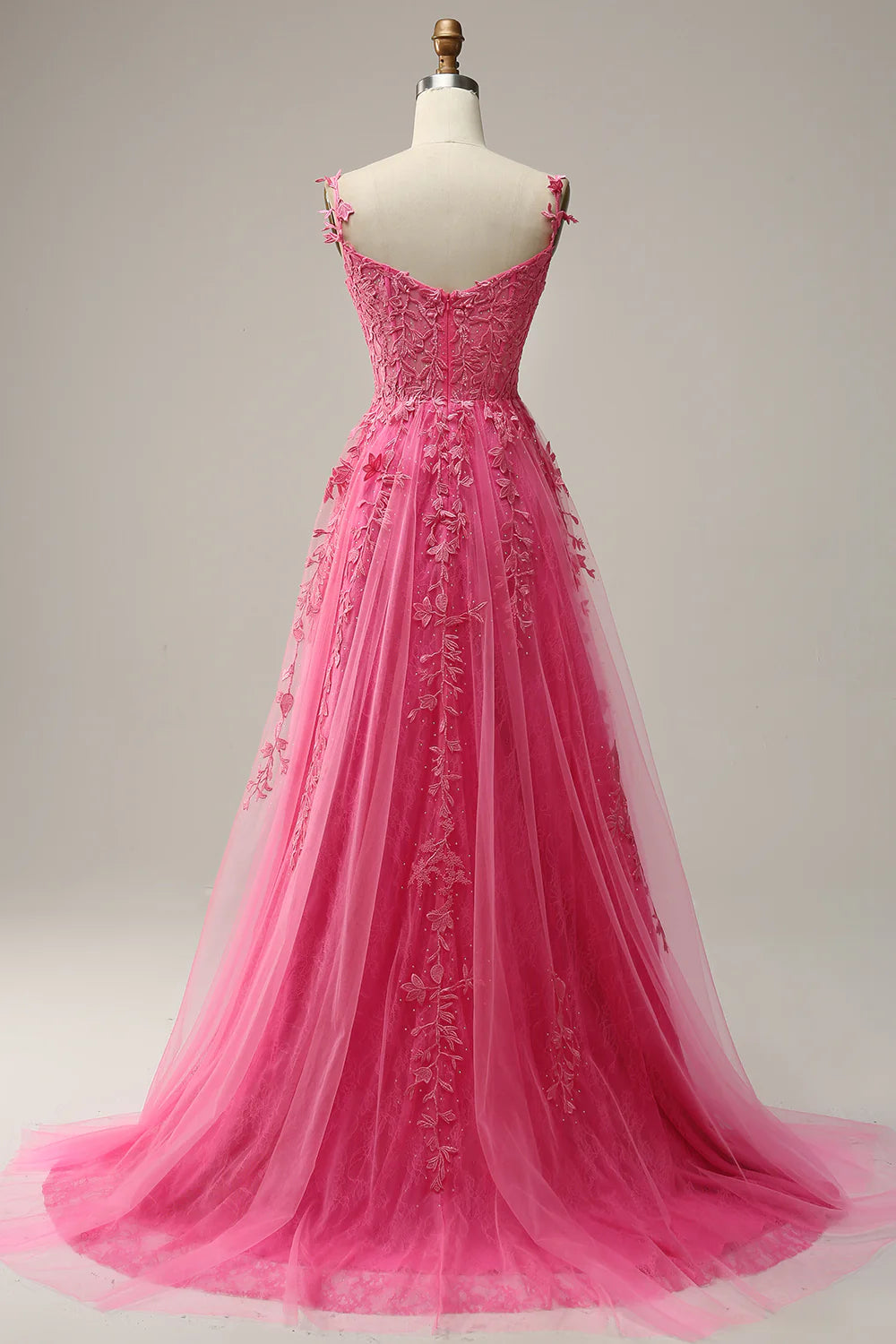 Hot Pink Off-the-Shoulder 3D Floral Lace Applique A-Line Evening Dresses