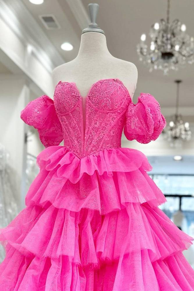 Hot Pink Off-the-Shoulder Lace Ruffle Tulle Evening Dresses