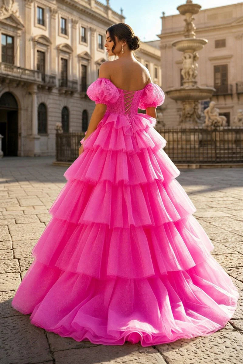 Hot Pink Off-the-Shoulder Lace Ruffle Tulle Evening Dresses