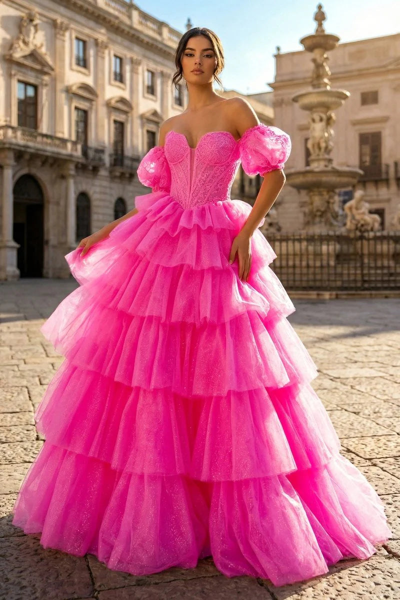 Hot Pink Off-the-Shoulder Lace Ruffle Tulle Evening Dresses