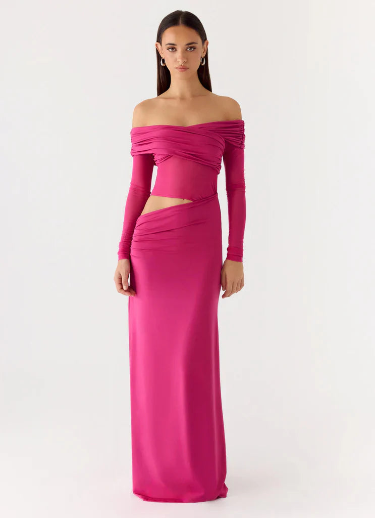 Hot Pink Off Shoulder Long Sleeve Cutout Maxi Prom Dress For Glamorous Evenings