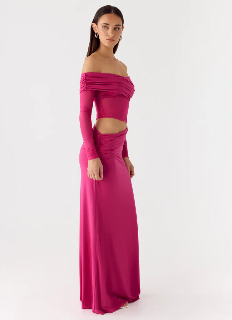 Hot Pink Off Shoulder Long Sleeve Cutout Maxi Prom Dress For Glamorous Evenings