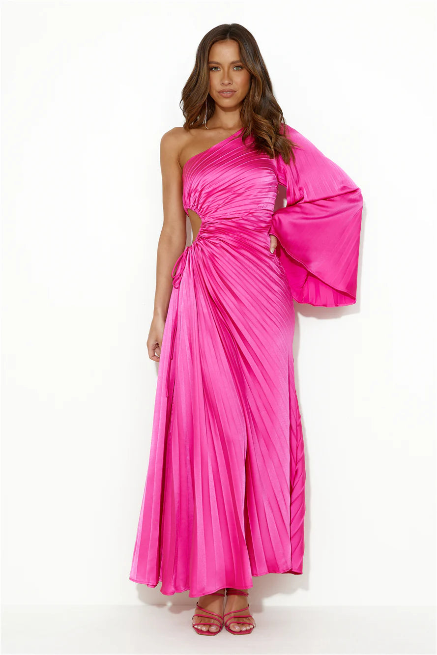 Hot Pink One Shoulder Cutout Pleated Satin Maxi Evening Dresses