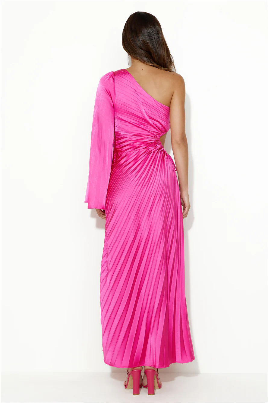 Hot Pink One Shoulder Cutout Pleated Satin Maxi Evening Dresses