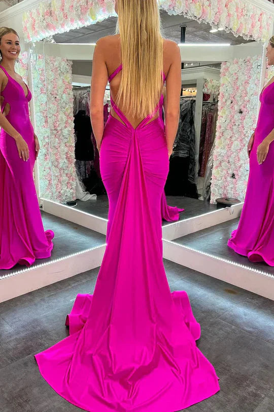 Hot Pink Satin Halter Neck Mermaid Prom Dress with Crisscross Open Back and Train