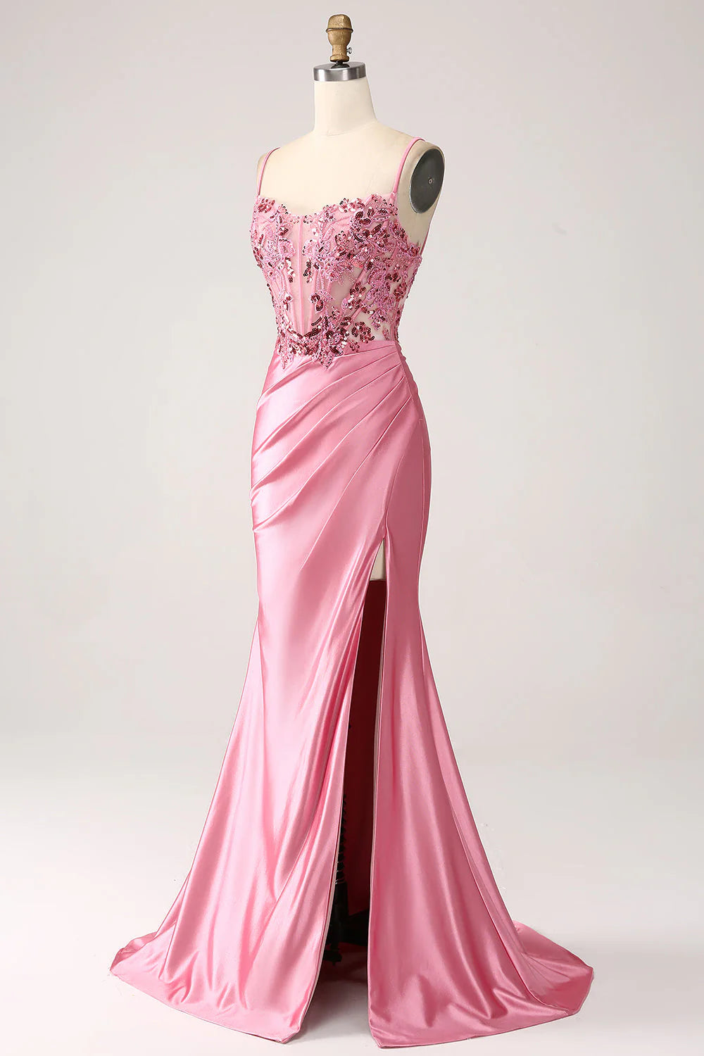 Hot Pink Satin Lace Mermaid Evening Dresses